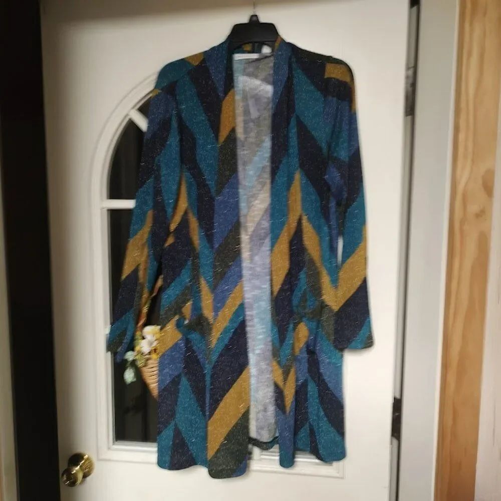 New Susan Graver Mustard Blue Multi-Color Open Front Metallic Cardigan Women's M